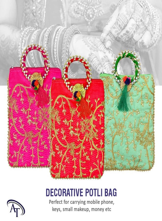 AT Ankit Traders Embroidered Potli Pouches for Women Pack of 6 | Potli Bags for Return Gifts, Purse for Ladies, Shagun for Home Functions & Wedding | Ideal for Lohri, Makar Sankranti & Pongal - Image 2